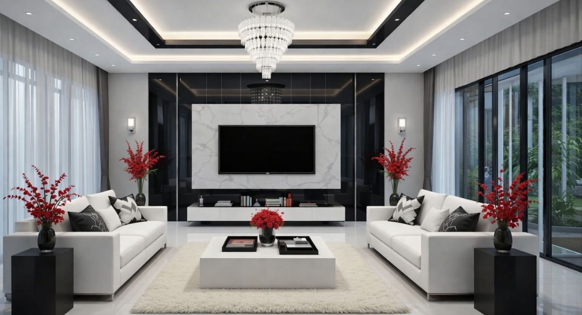 Cozy Sofa Hub Luxury Black and White Living Room with White Tufted Sofa and Red Flower Vases