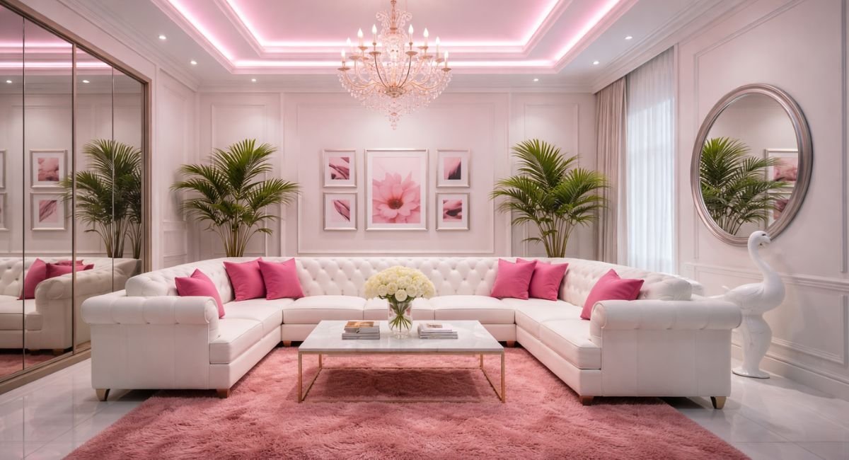 Cozy Sofa Hub Blush Pink Luxury Living Room with U-Shaped White Tufted Sofa and Pink Neon Lighting