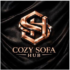 Cozy Sofa Hub ka official 3D metallic logo jo black velvet background par hai.