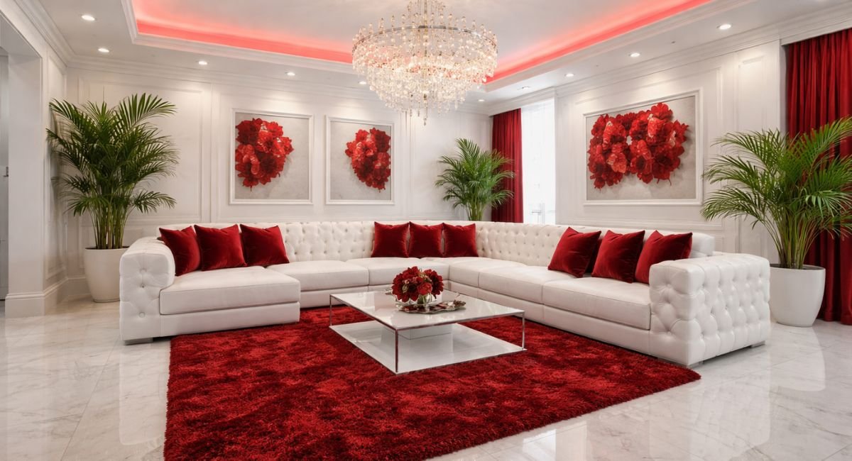 Cozy Sofa Hub Luxury Black and White Living Room with White Tufted Sofa and Red Flower Vases