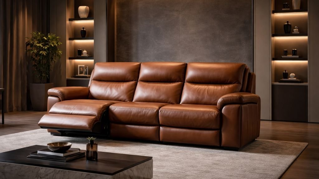 Luxury brown leather reclining sofa in a modern showroom - CozySofaHub.com