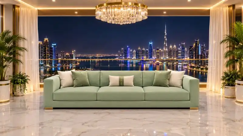 A full wide-angle shot of a modern pastel mint green fabric couch on a luxury balcony with a night city view.