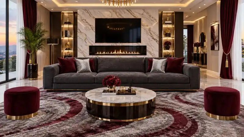 A full wide shot of a modern luxury charcoal grey fabric couch in a maroon and gold themed living room.