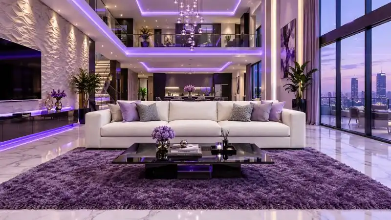 A full wide-angle view of a modern cream white fabric couch in a luxury purple LED-lit penthouse.