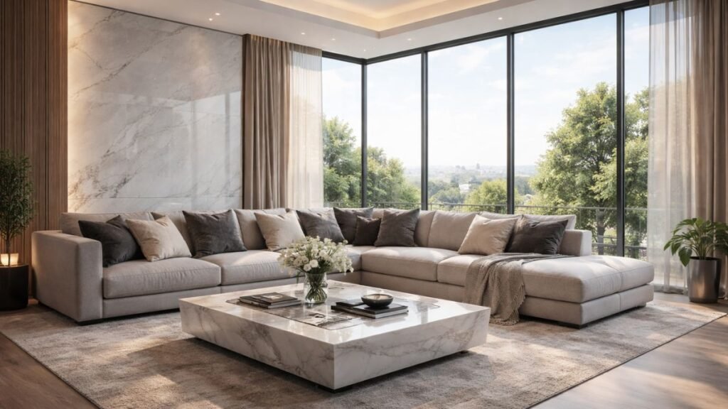 Modern luxury grey L shaped sofa in a spacious living room - CozySofaHub.com
