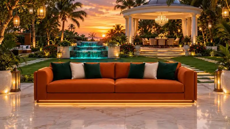 A full wide shot of a modern burnt orange patio sofa in a luxury backyard garden with a waterfall.