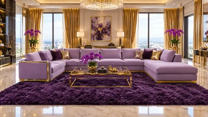 A full wide shot of a luxury lavender sectional sofa with gold trim in a purple themed living room.
