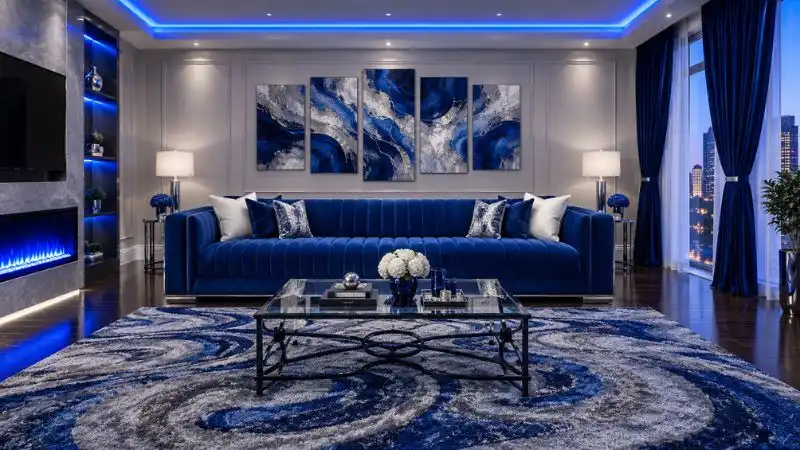 A full wide shot of a modern luxury royal blue velvet couch in a silver and blue themed living room with neon LED lighting.