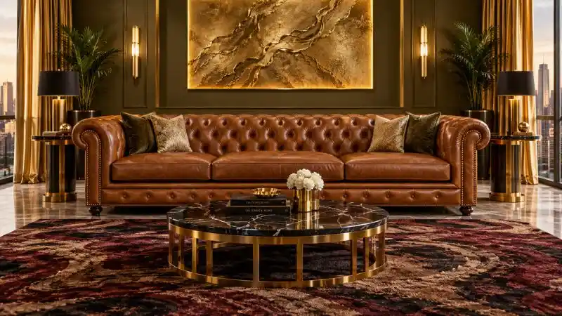 A full wide shot of a luxury tan leather straight Chesterfield couch against a gold and dark themed living room.