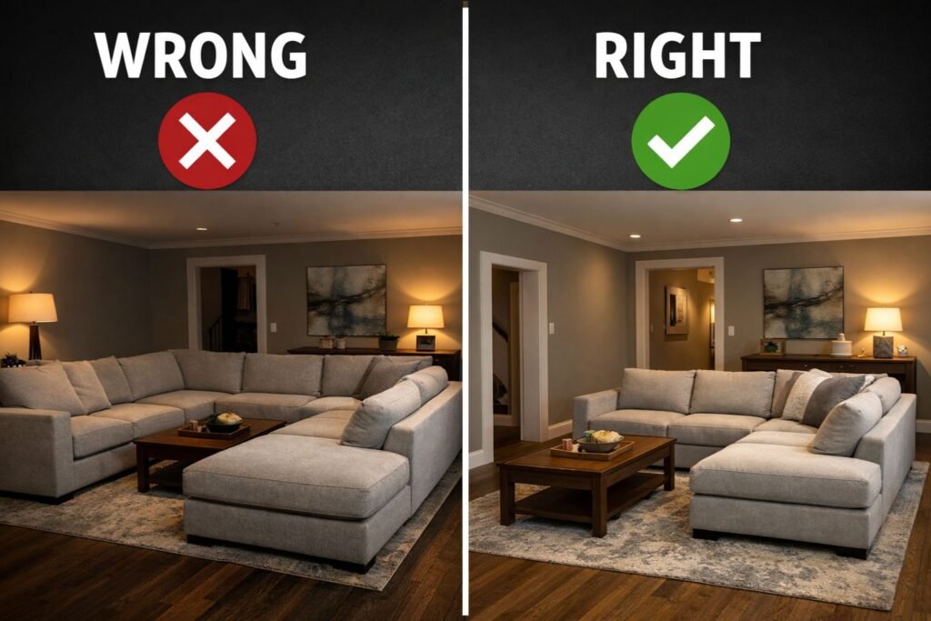 Comparison of correct and incorrect furniture placement in a living room layout