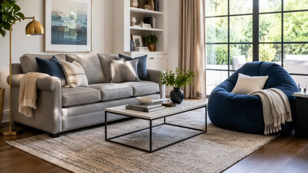 "Modern living room interior with a structured grey couch and a cozy navy blue floor lounger paired with a marble table"
