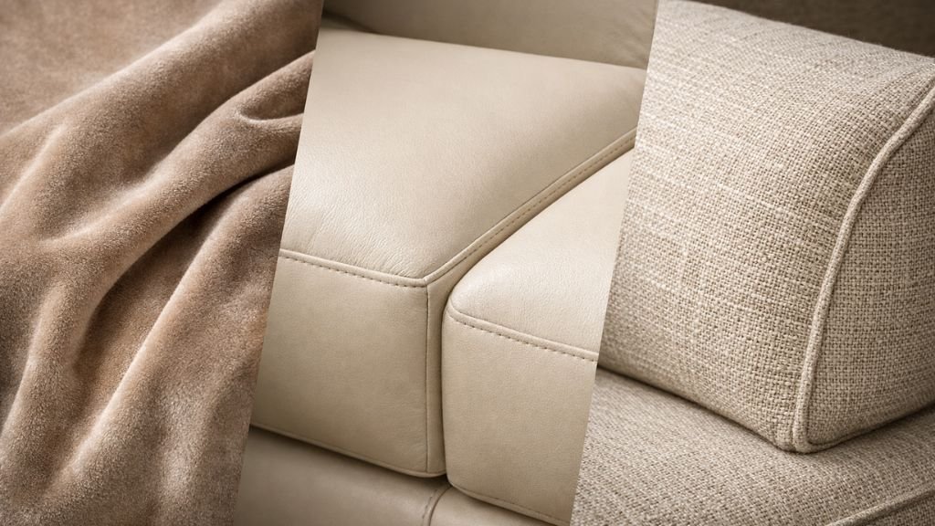Comparison of beige sofa materials velvet leather and textured fabric
