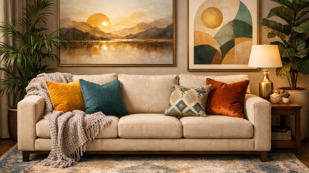 Styled luxury beige sofa with colorful cushions and wall art
