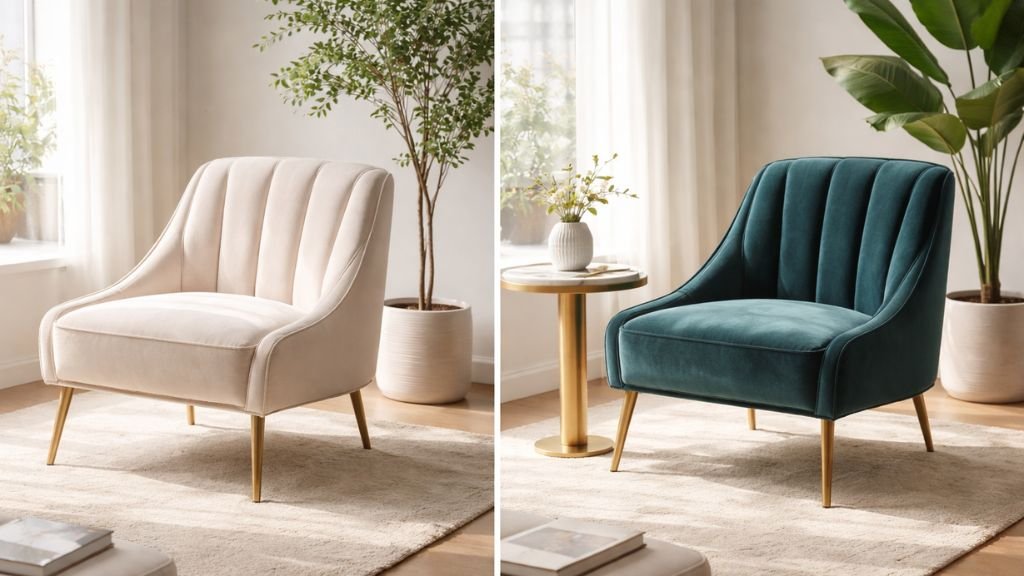 Luxury velvet sofa chair in a peaceful modern reading corner