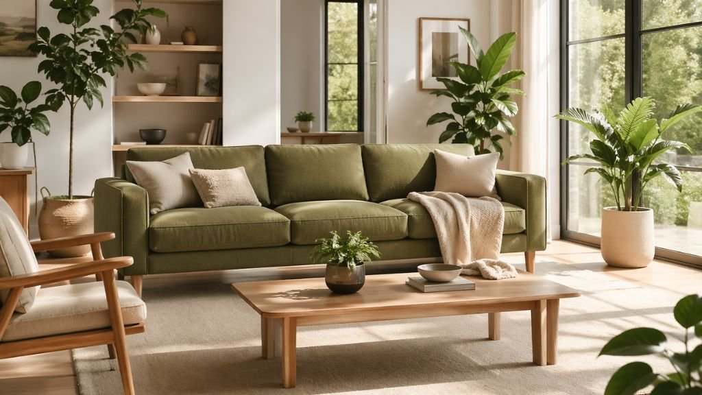 Natural style olive green sofa in a bright living room with plants