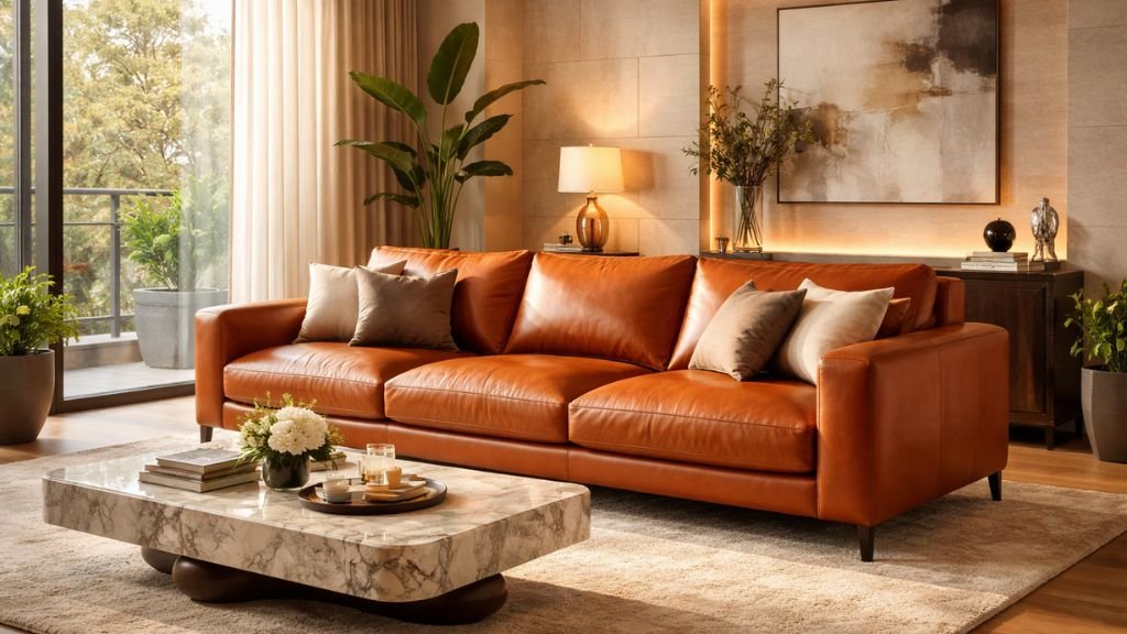 Warm aesthetic lounge area with a comfortable tan couch, marble center table, and indoor plants under soft natural light