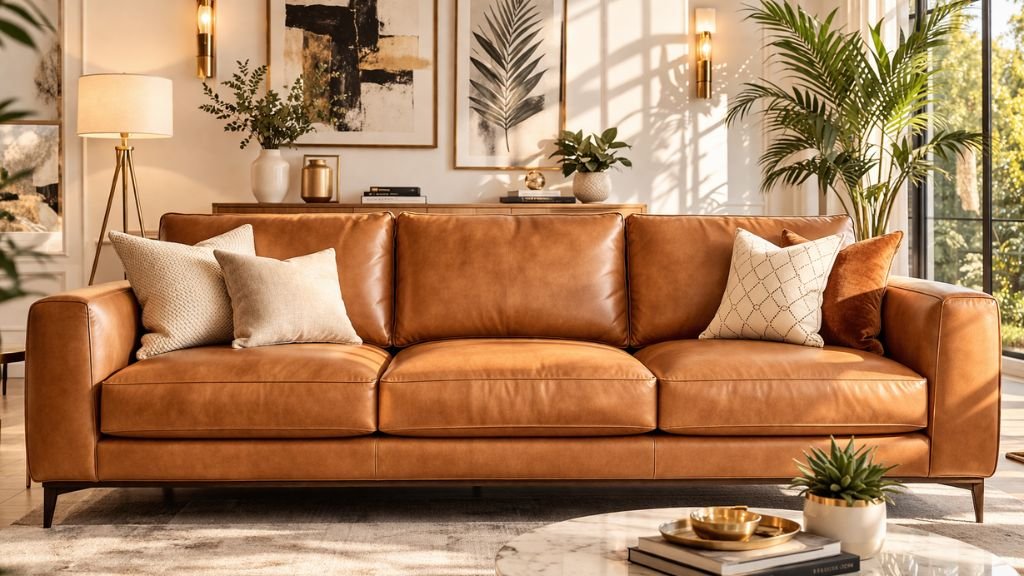 Elegant tan upholstered seating in a sunlit room featuring botanical wall art and lush indoor greenery
