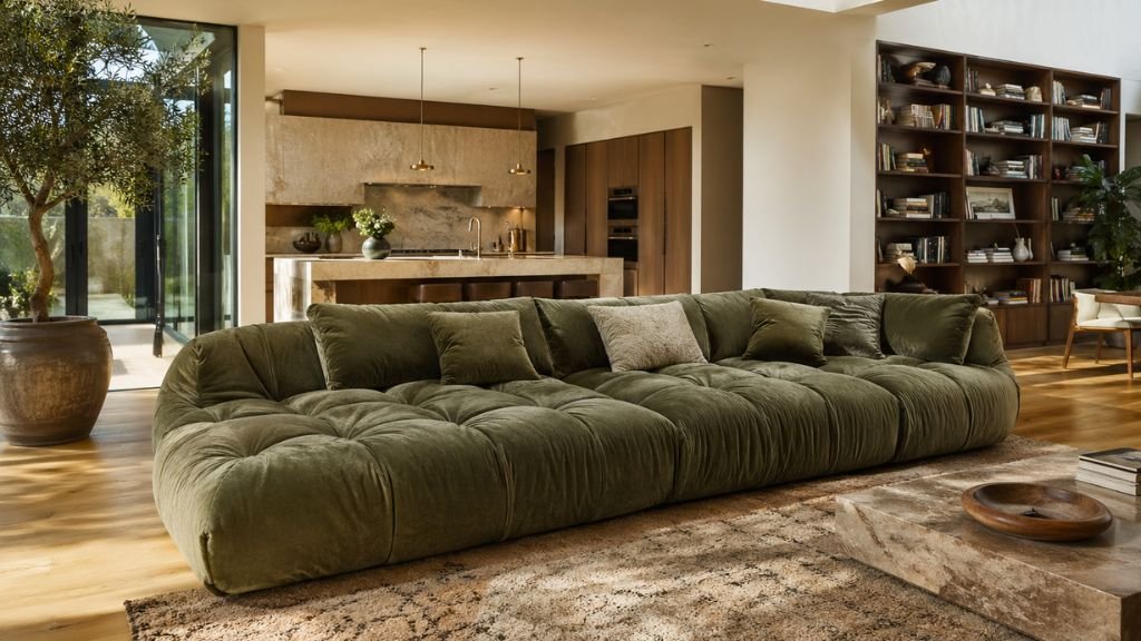 Full view of an olive green cloud sofa in a modern open-plan living space.