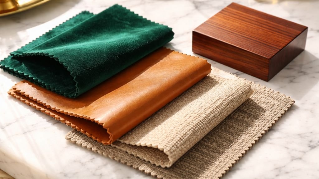 Emerald green velvet, tan leather, and beige upholstery swatches alongside a polished mahogany wood block on a marble surface.
