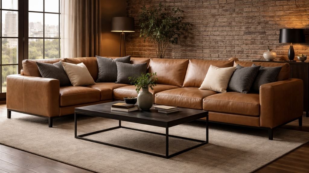 Premium tan leather sectional seating with charcoal cushions and exposed brick wall
