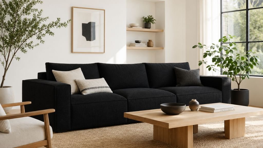 Modern black fabric sofa with light wood coffee table and green plants