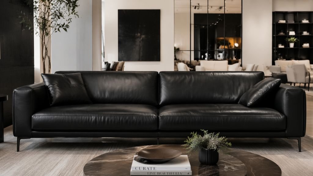 Modern black leather sofa in a premium furniture showroom environment