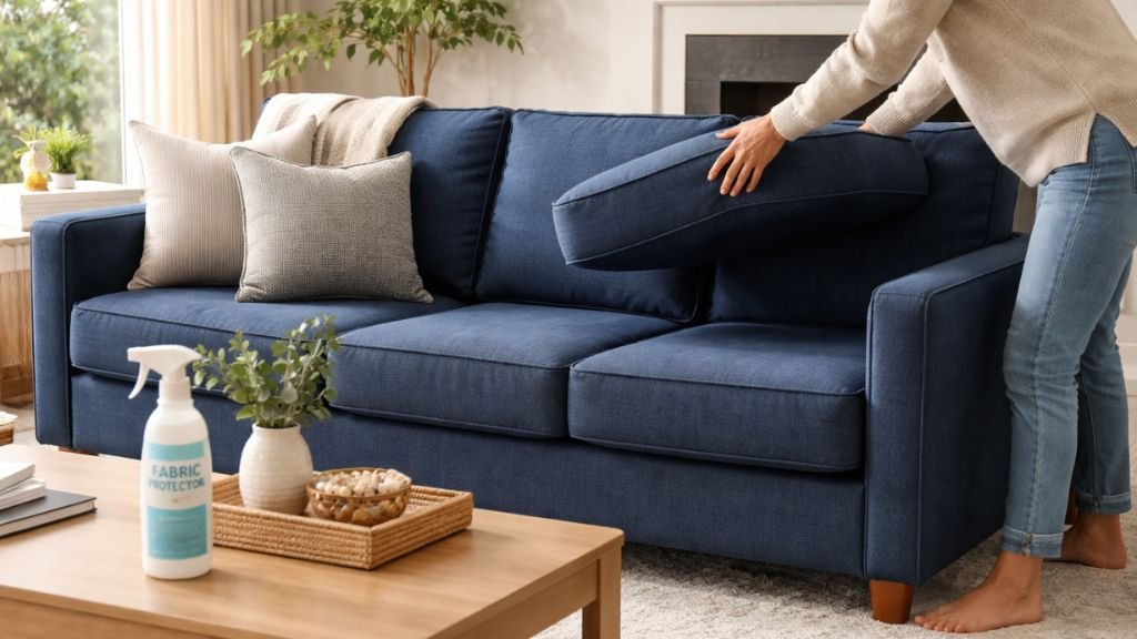 Rotating cushions and using fabric protector on a blue sofa