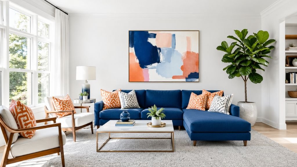 Blue sectional sofa with orange patterned cushions and abstract wall art
