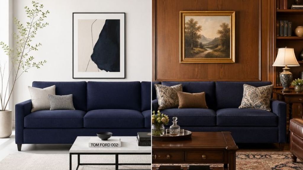 Blue sofa in modern vs classic living room comparison