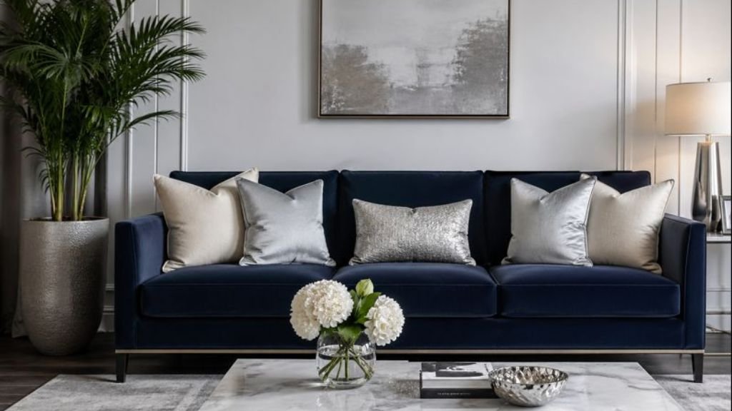 Blue sofa styled with silver and grey cushions in a modern living room
