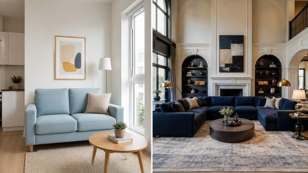 Comparison of compact loveseat and large sectional seating in different room sizes