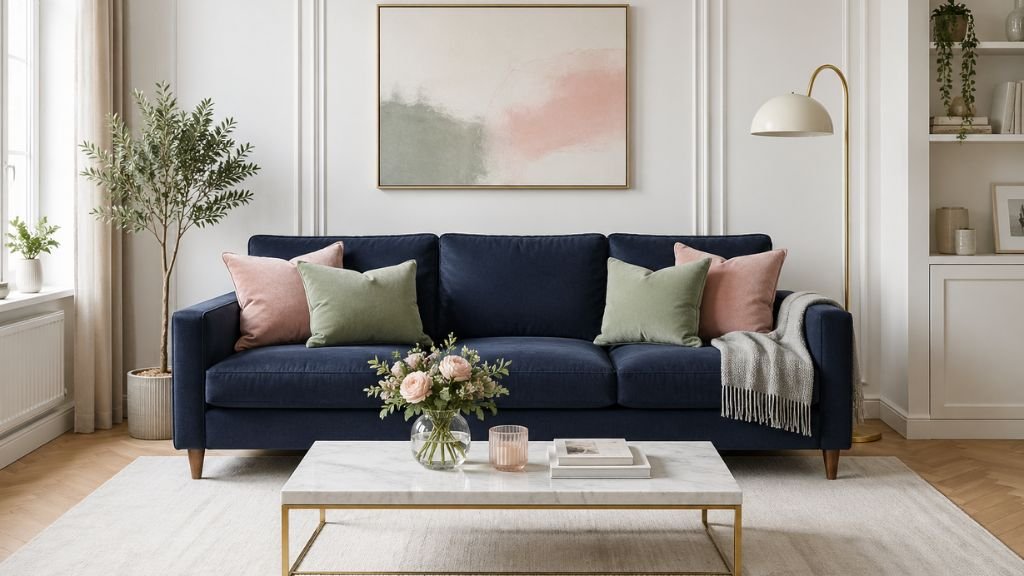 Elegant living room decor featuring dusty rose and sage green cushions with a marble table