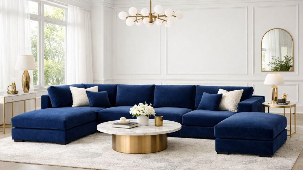 Luxury navy blue modular sofa trends 2026