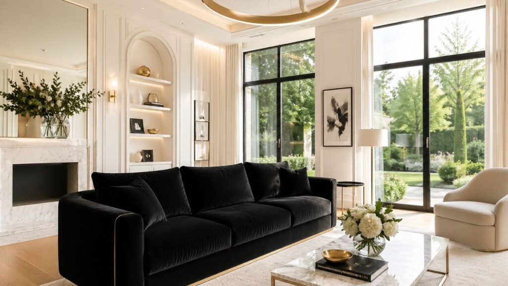 Modern black velvet sofa in a bright and airy living room with natural light