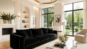 Modern black velvet sofa in a bright and airy living room with natural light