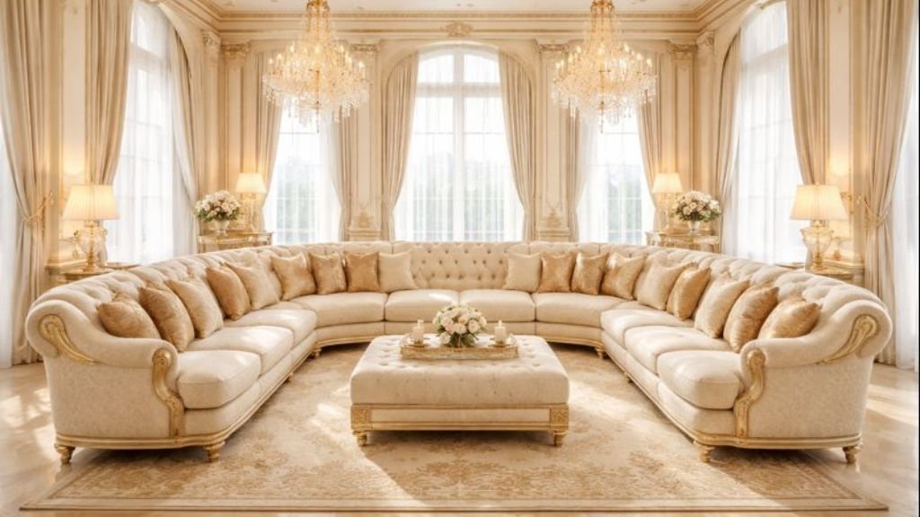 Luxury ivory U-shaped sectional sofa in a bright royal living room with gold decor
