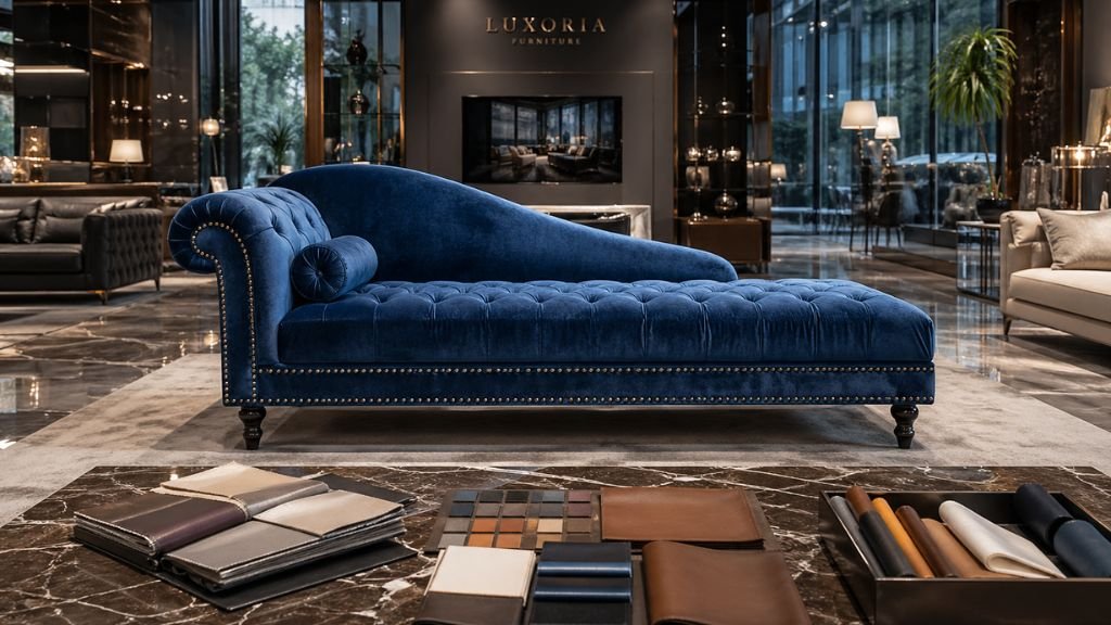 Luxury furniture showroom featuring a premium velvet chaise sofa guide