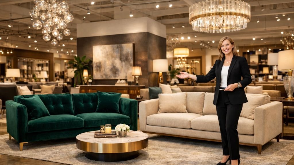 Choosing between a green velvet sofa and a beige sofa in a luxury furniture showroom