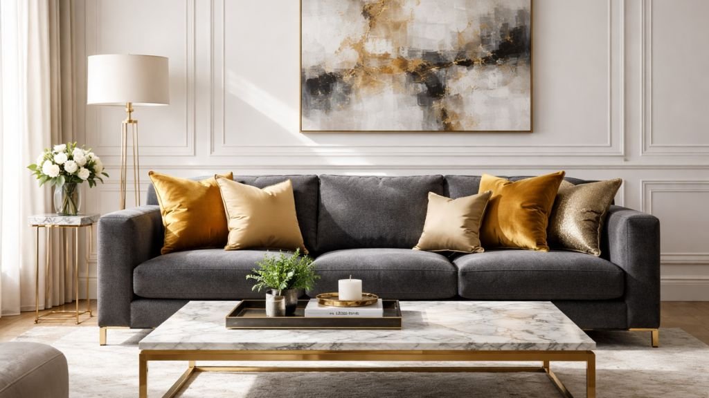 Luxury charcoal grey 3 seater sofa with mustard cushions and marble coffee table