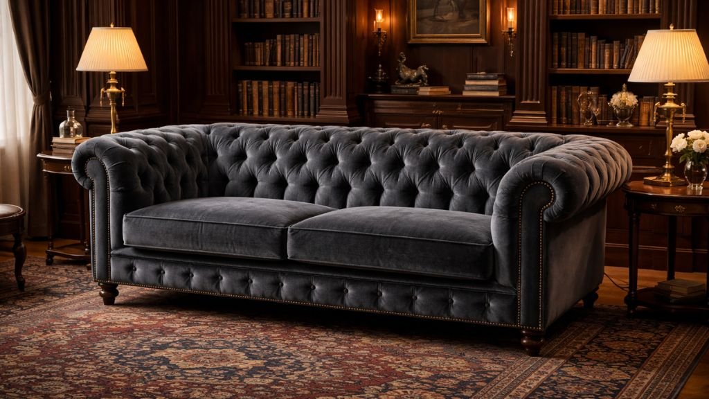 Classic charcoal grey Chesterfield velvet sofa in a luxury library.