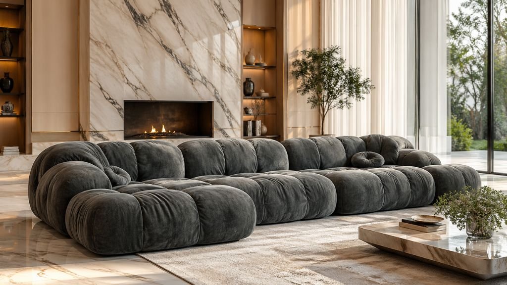 Close-up of high-quality fabric texture and soft modular seating.