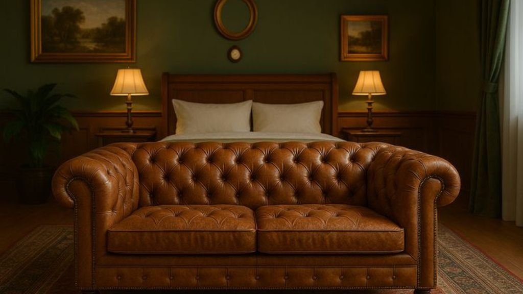A high-quality vintage tan leather Chesterfield sofa in a sophisticated bedroom setting with warm lighting.