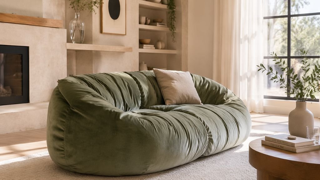 Premium velvet oversized floor lounger in a bright modern interior setup
