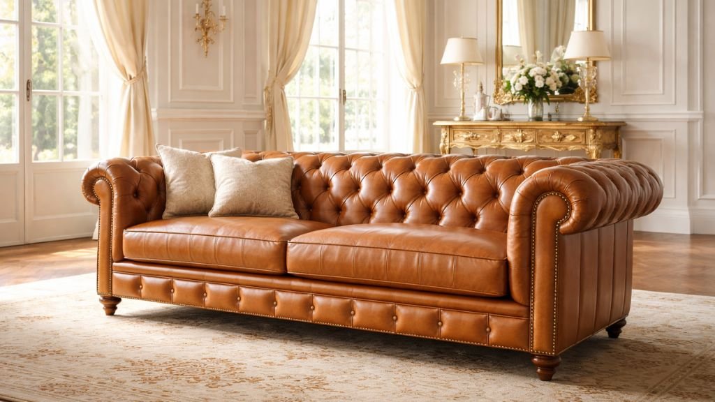 Elegant tan leather tufted settee placed in a bright, sunlit luxury living room.
