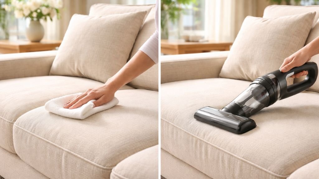 Cleaning a beige sofa using a vacuum and a cloth for spot removal