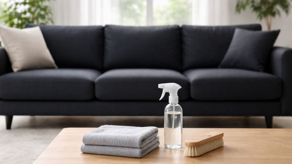 Essential cleaning tools and spray bottle on a wooden table