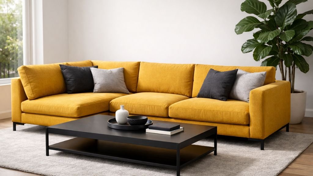 Vibrant mustard yellow sectional seating with charcoal cushions and minimalist coffee table