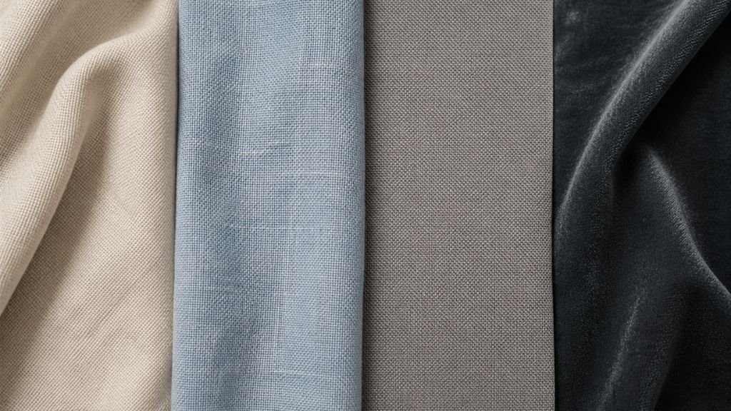 Close-up of cotton, linen, polyester, and velvet material swatches.
