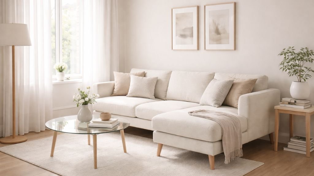 Minimalist cream sectional seating for compact apartments with slim wooden legs
