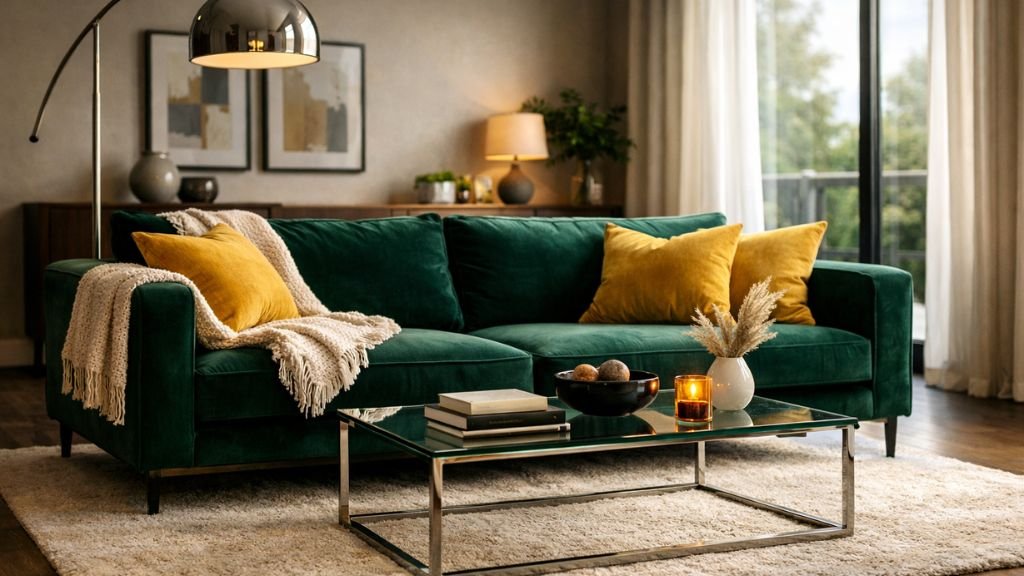 Expertly styled living room with emerald green couch, designer cushions, and a glass coffee table.